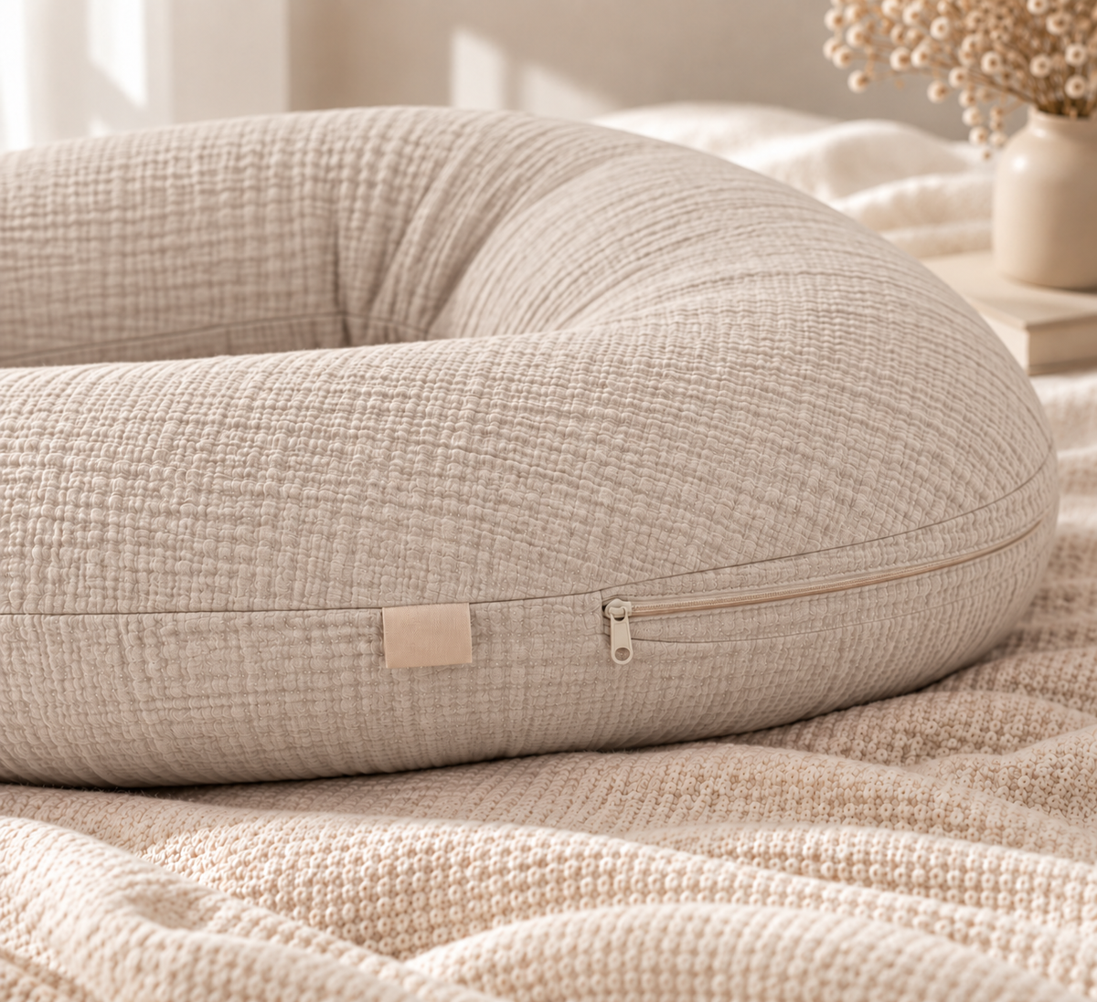 image centré sur la fermeture zippée du coussin de grossesse cloud blanc