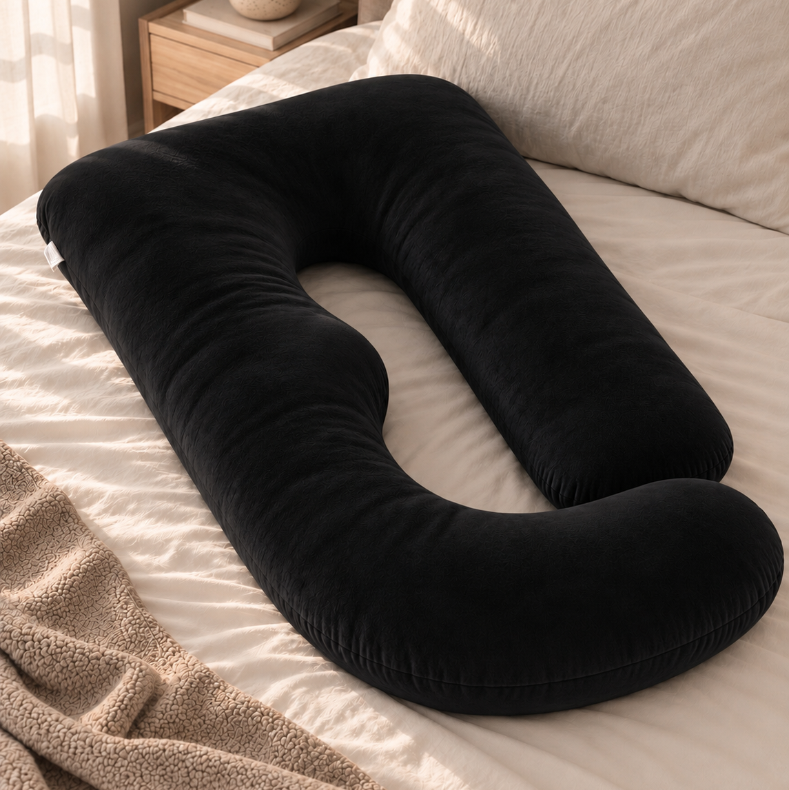 image du coussin noir enveloppant de grossesse exposant ses formes généreuses