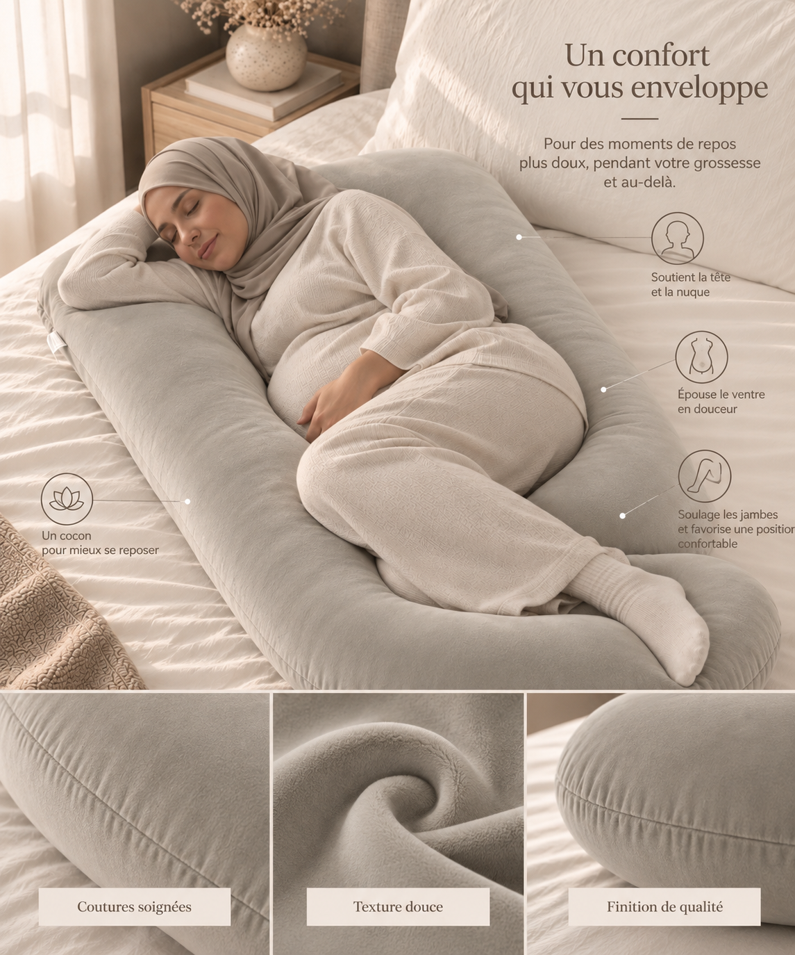 Coussin de grossesse enveloppant – CHAMPAGNE