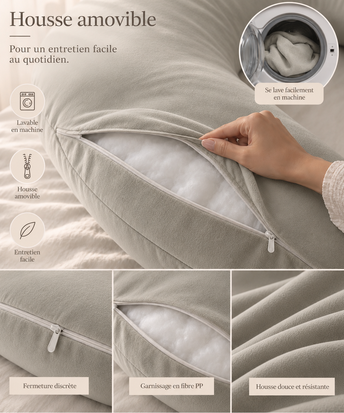 image du coussin enveloppant champagne avec zoom sur la housse amovible du coussin de grossesse