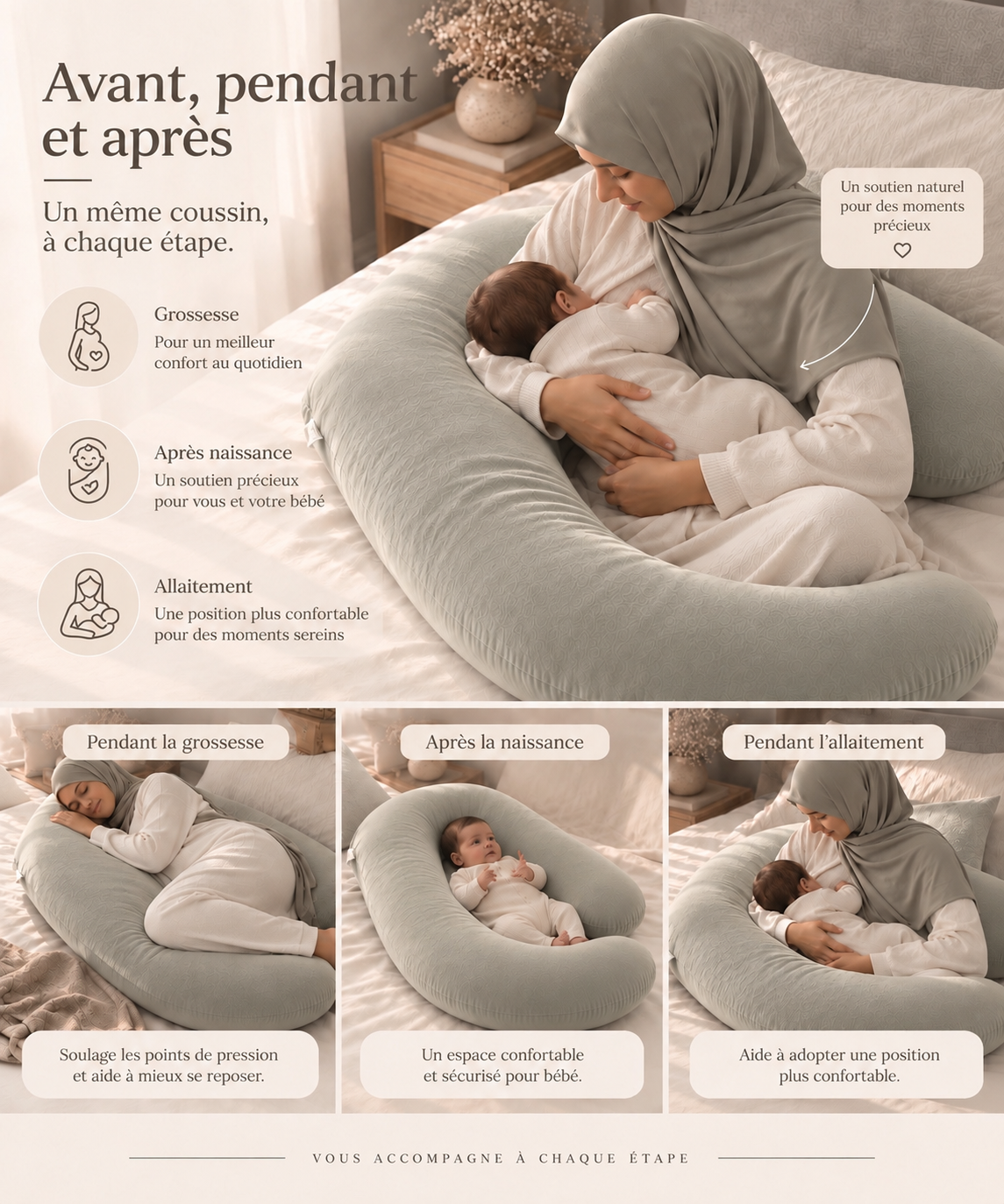 Coussin de grossesse enveloppant – CHAMPAGNE
