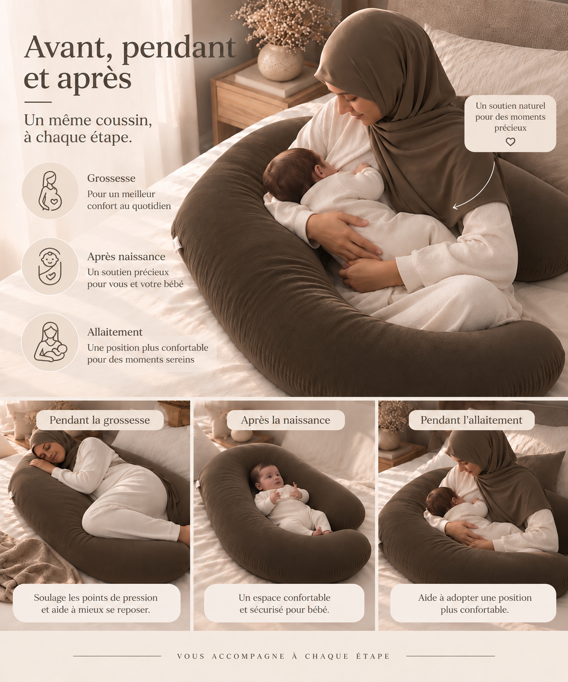 image du coussin enveloppant qui montre l'utilisation post partum avec bébé sur le coussin de grossesse