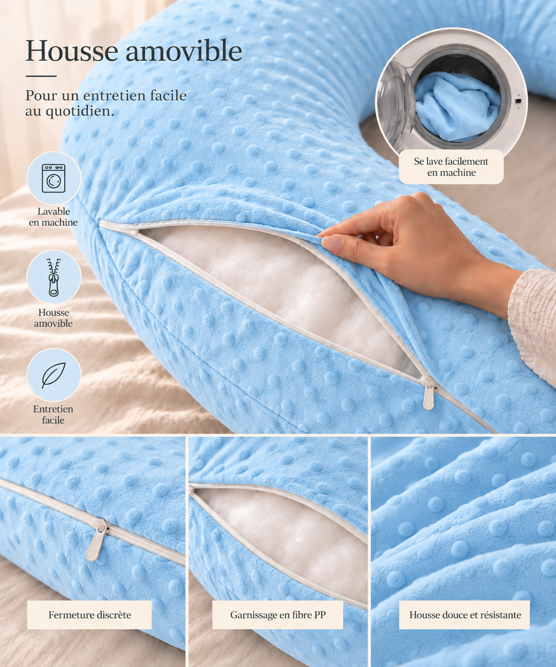 image du coussin enveloppant sky blue qui montre la housse amovible du coussin de grossesse