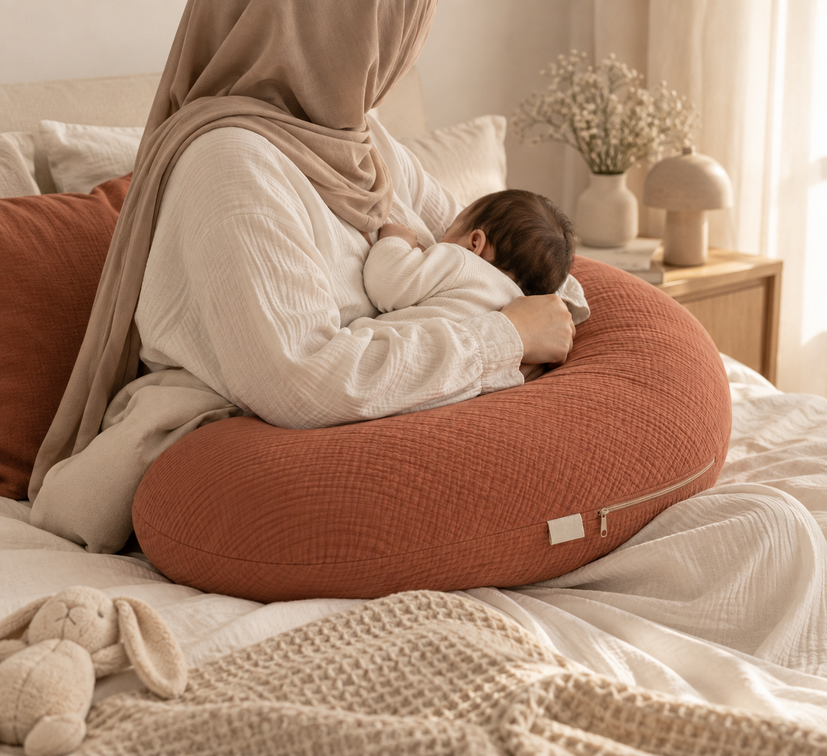 image qui montre l'utilisation post partum du coussin de grossesse et allaitement d'une femme avec un bébé sur le coussin cloud