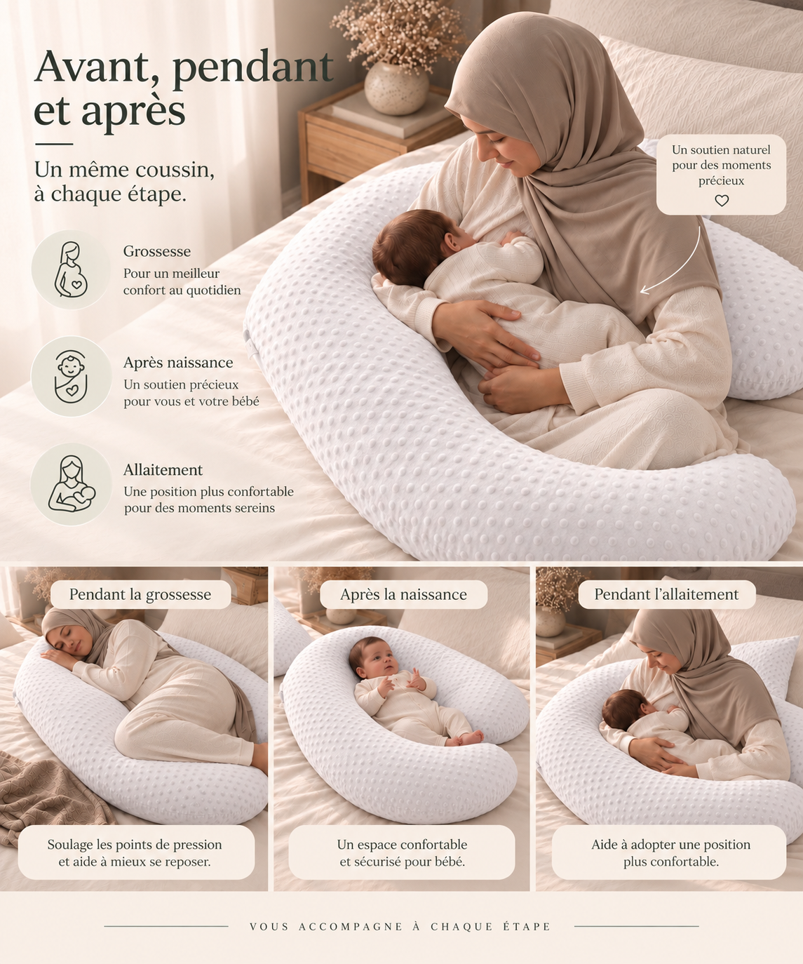 image du coussin enveloppant qui montre l'utilisation post partum du coussin de grosses blanc